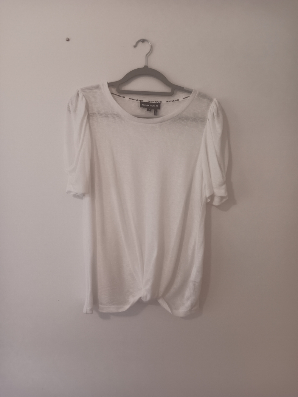 DKNY White Puff Sleeve Tie Front Top NWOT Medium - Picture 2 of 5